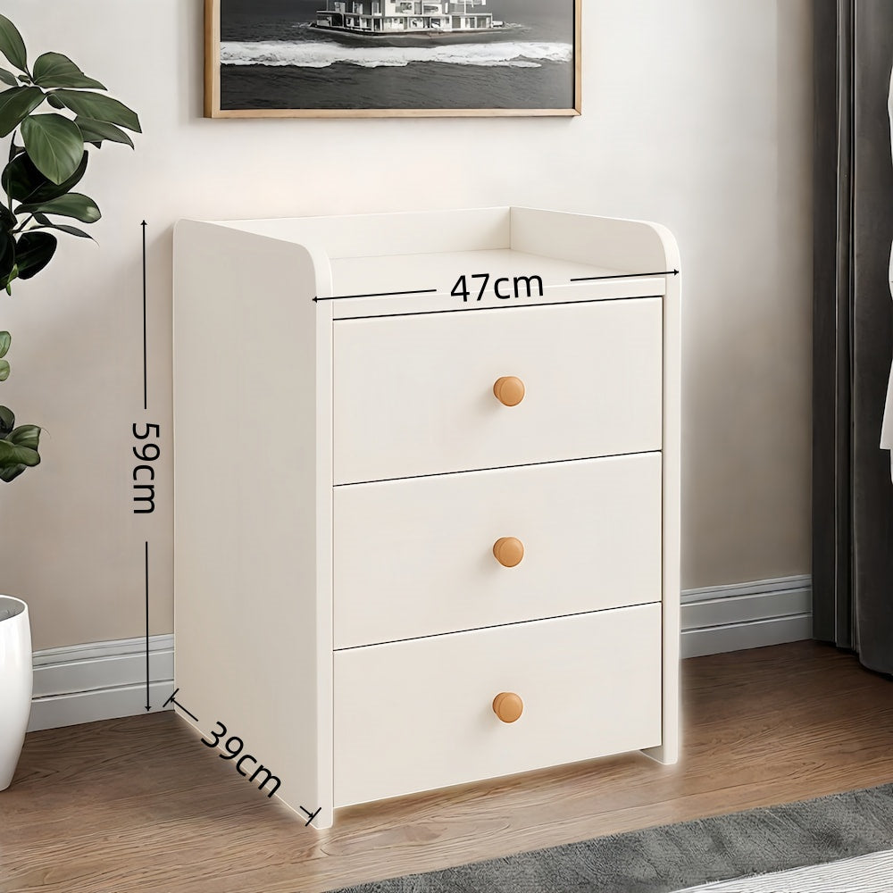 Minimalist Nightstand White Triple Drawer Safety Tray Design Wooden Handles