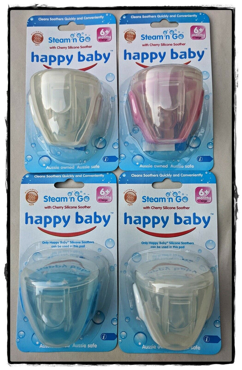 25 x 4 Pack (100 Pieces) -Wholesale Resell Retail Happy Baby Steam n Go Cherry Silicone Soother