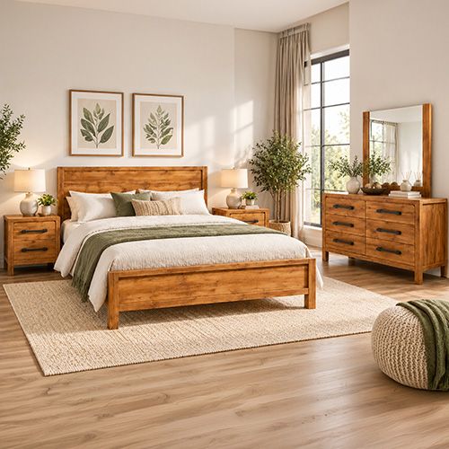 King Bedroom Suite – 5 Piece Set with Dresser & Tallboy in Oak Finish