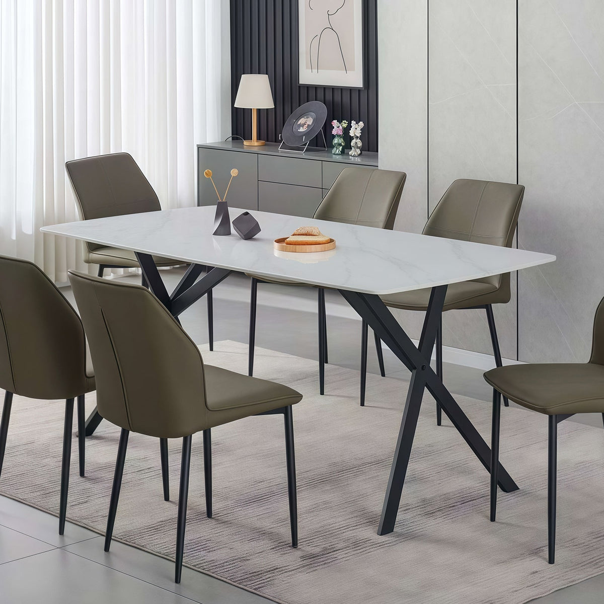 Dining Table Rectangular Shape White Sintered Stone Top Powder Coated Iron Legs