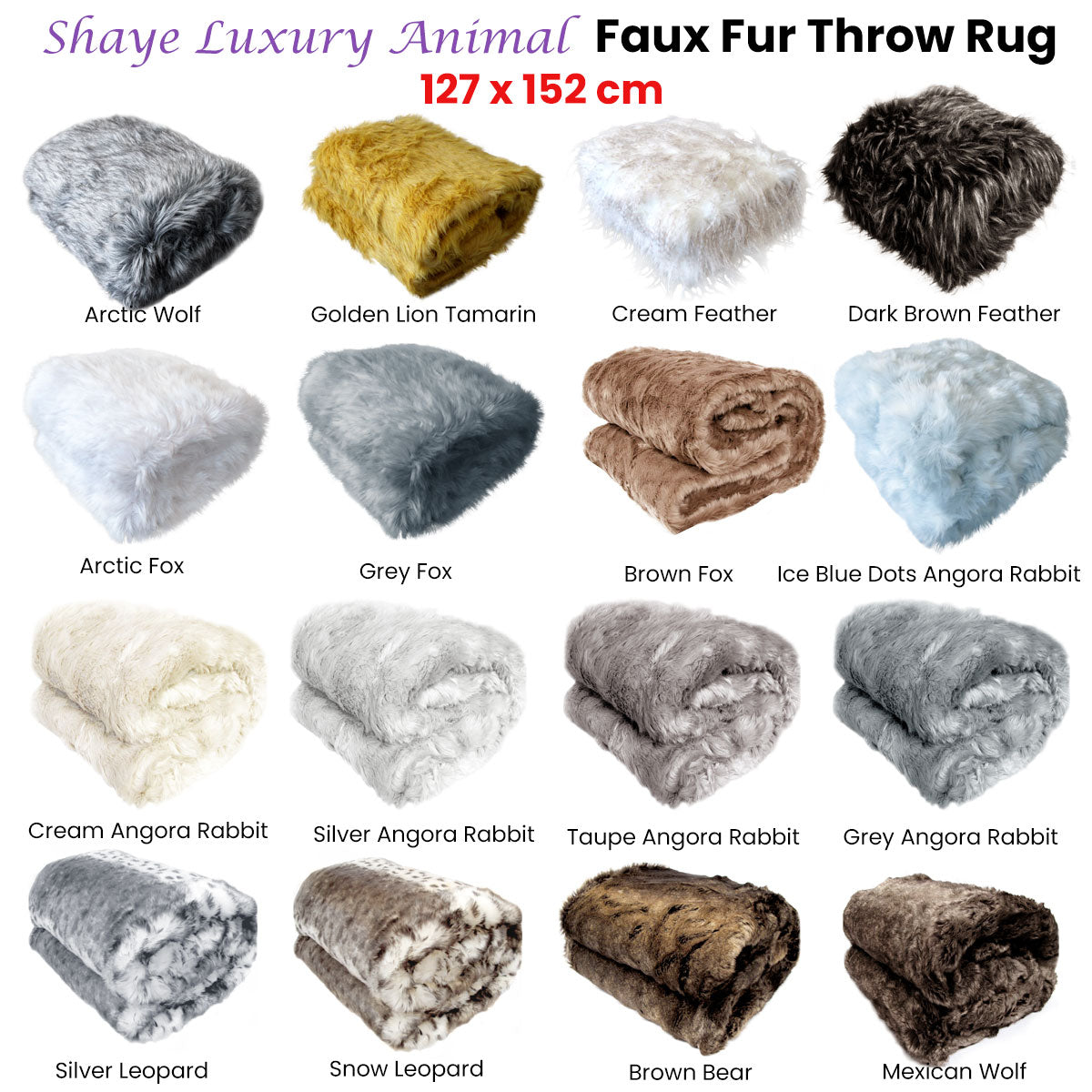 Shaye Luxury Range Faux Fur Throw Rug 127 x 152 cm Mexican Wolf