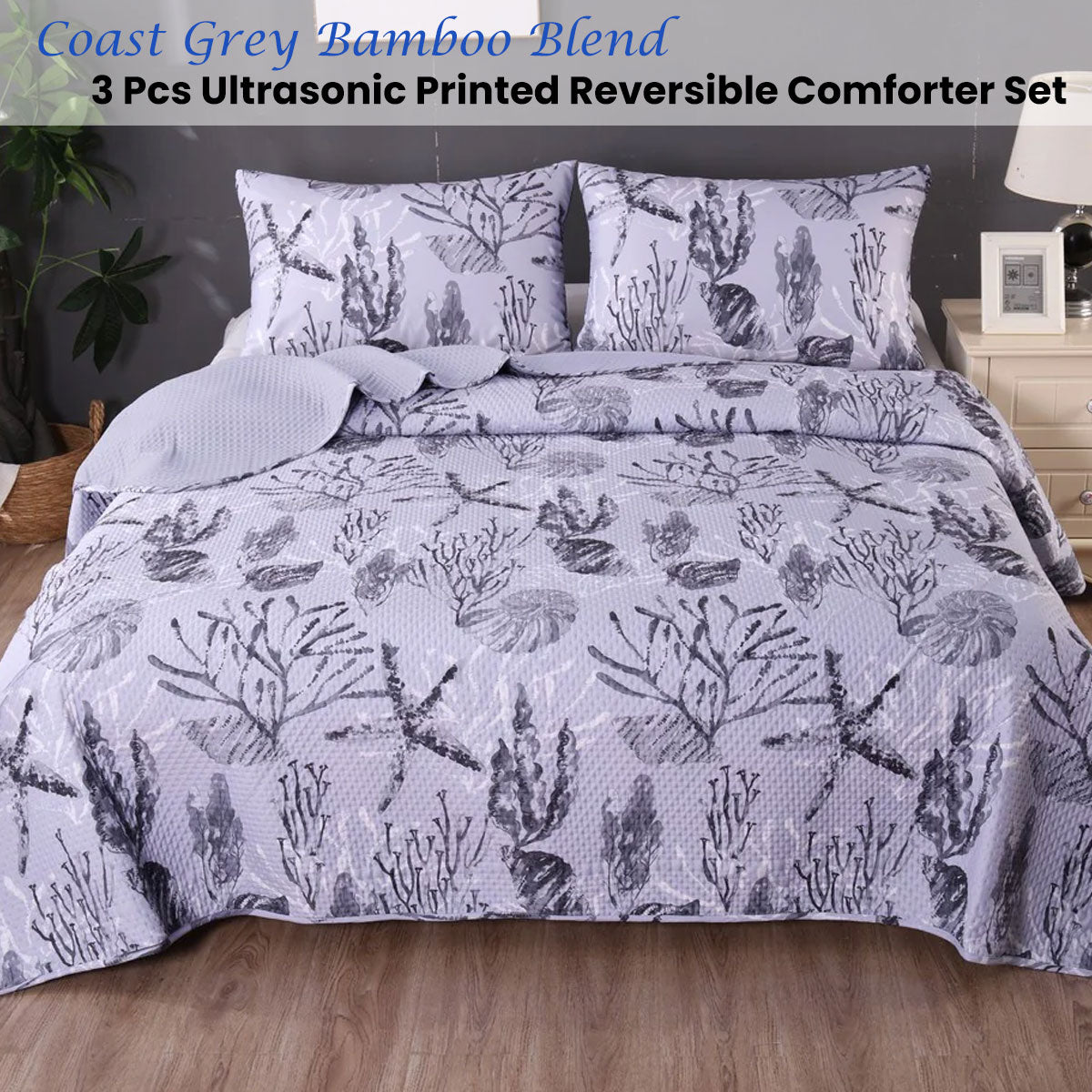 Ramesses Coast Grey 3 Pcs Bamboo Blend Ultrosonic Reversible Comforter Set Queen