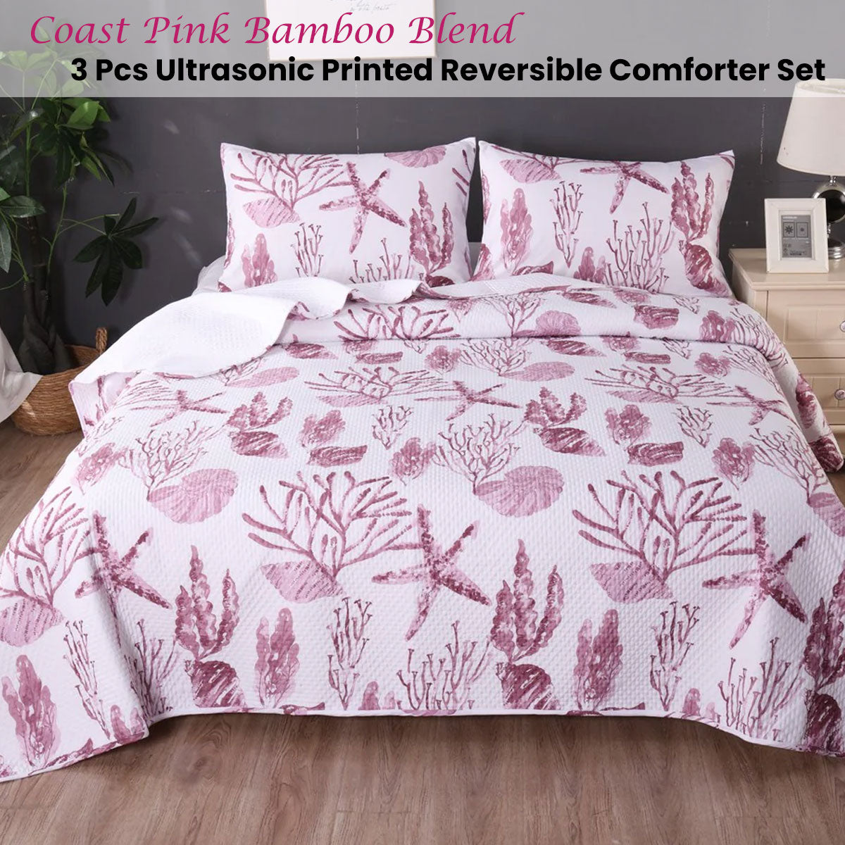 Ramesses Coast Pink 3 Pcs Bamboo Blend Ultrosonic Reversible Comforter Set Queen