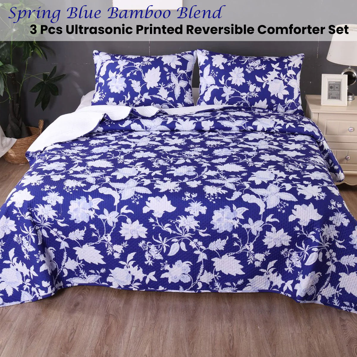 Ramesses Spring Blue 3 Pcs Bamboo Blend Ultrosonic Reversible Comforter Set King