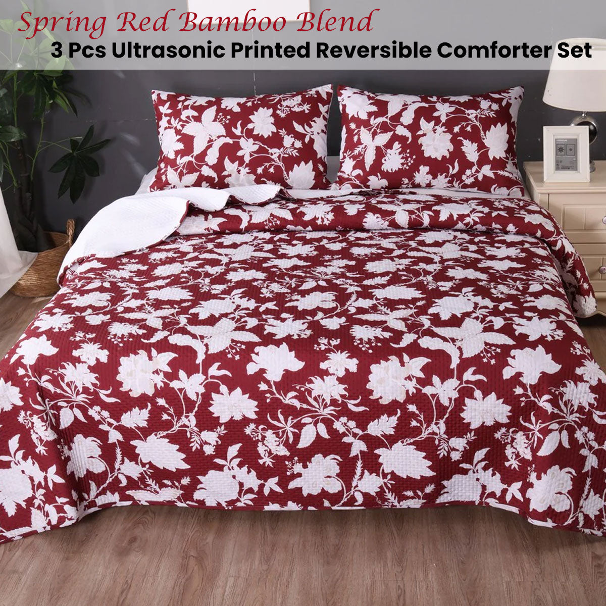 Ramesses Spring Red 3 Pcs Bamboo Blend Ultrosonic Reversible Comforter Set Queen