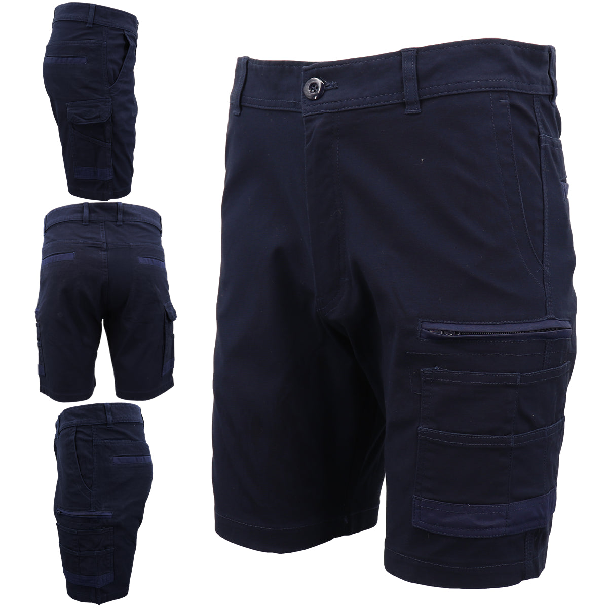Mens Cargo Cotton Drill Work Shorts UPF 50+ 13 Pockets Tradies Workwear Trousers, Navy, 34