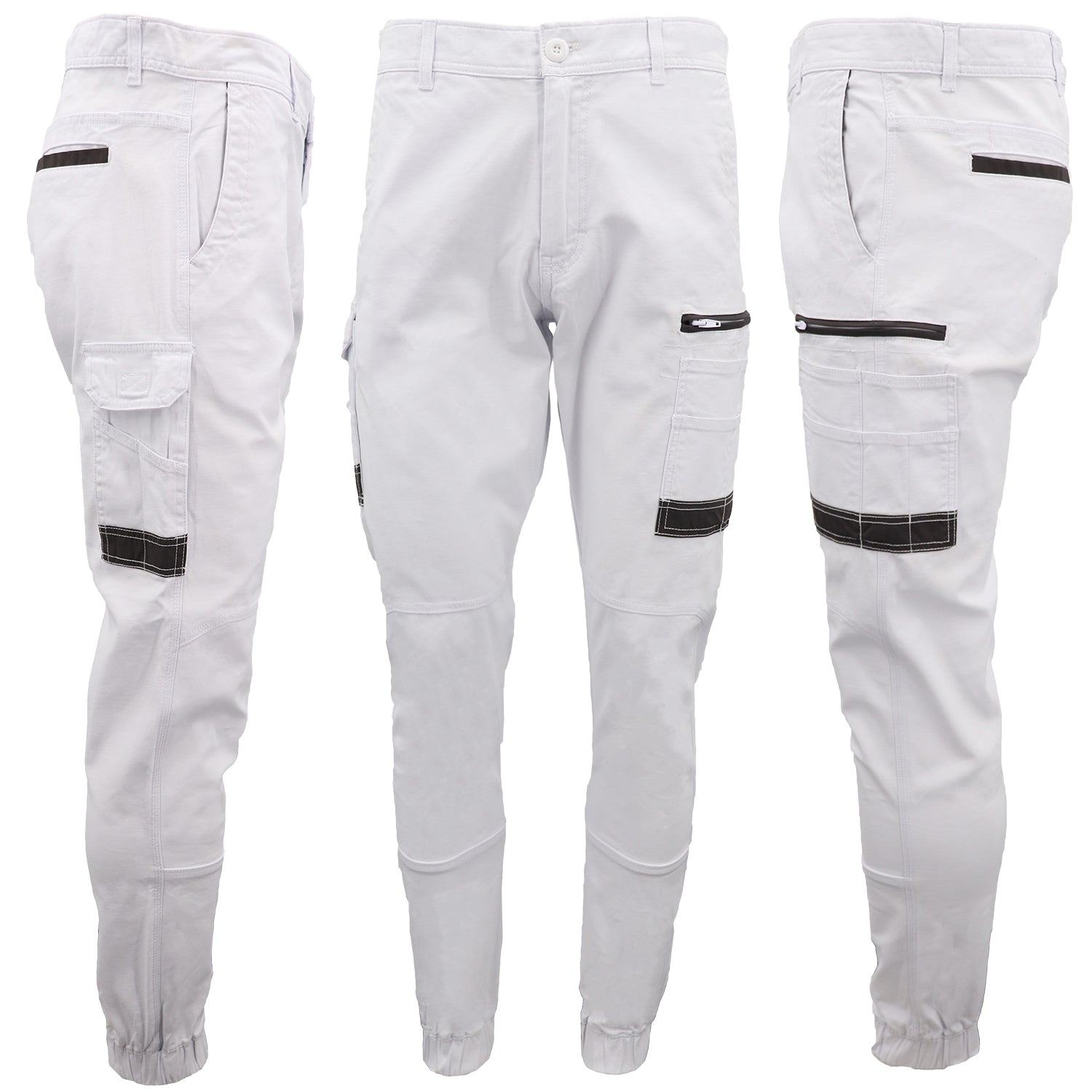 Men's Cargo Cotton Drill Work Pants UPF 50+ 13 Pockets Tradies Workwear Trousers, White, 32