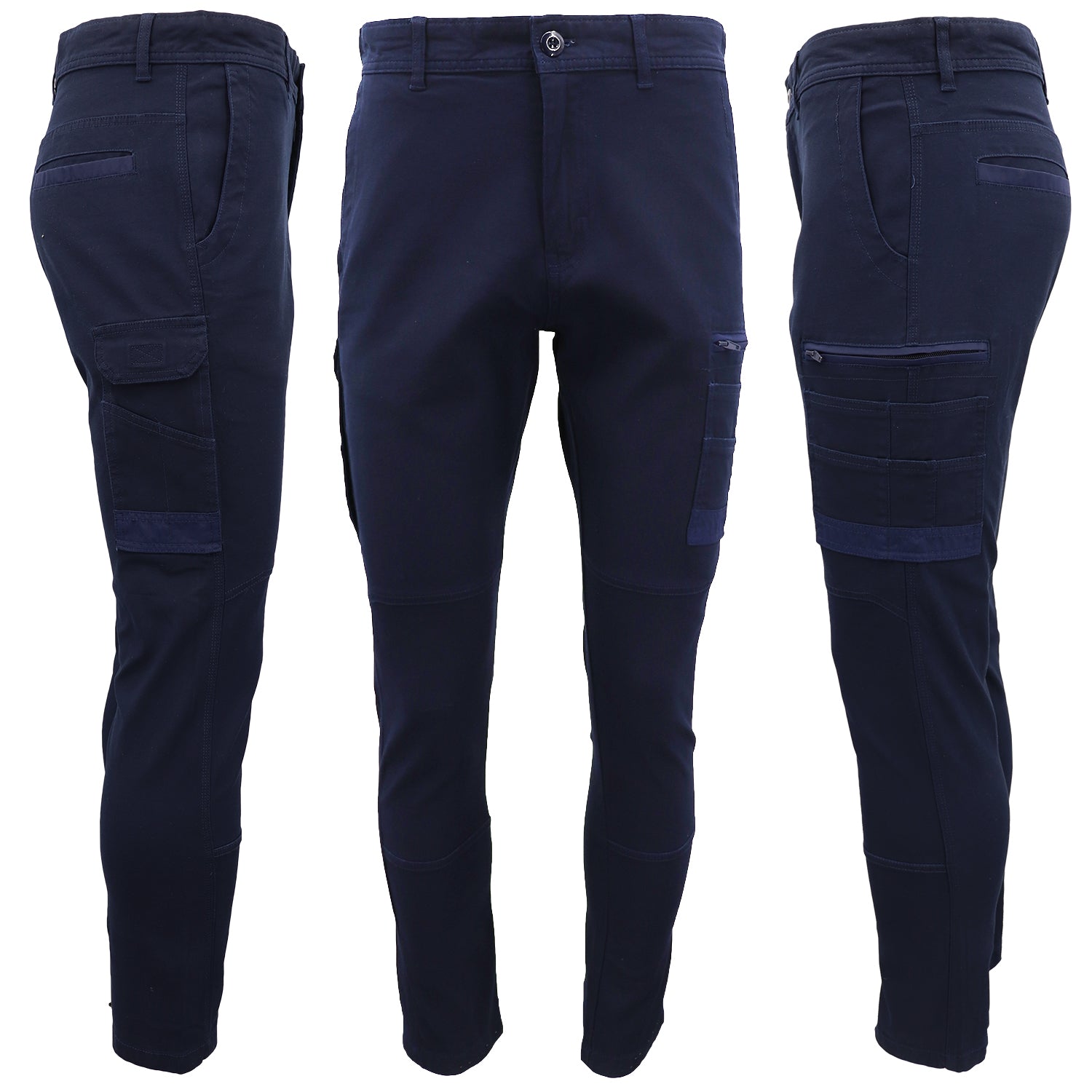 Men's Cotton Drill Cargo Work Pants UPF 50+ 13 Pockets Tradies Workwear Trousers, Navy, 30