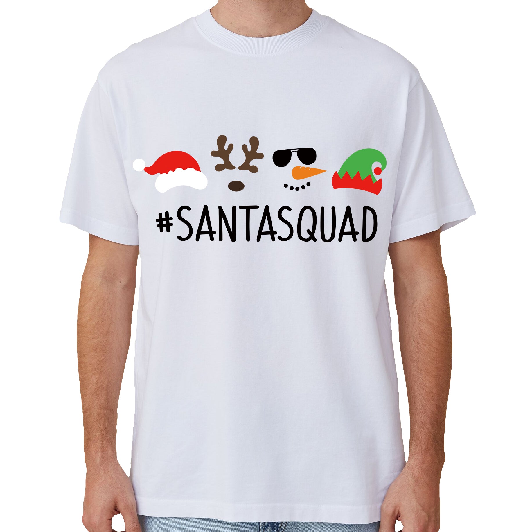 100% Cotton Christmas T-shirt Adult Unisex Tee Tops Funny Santa Party Custume, Santa Squad (White), XL