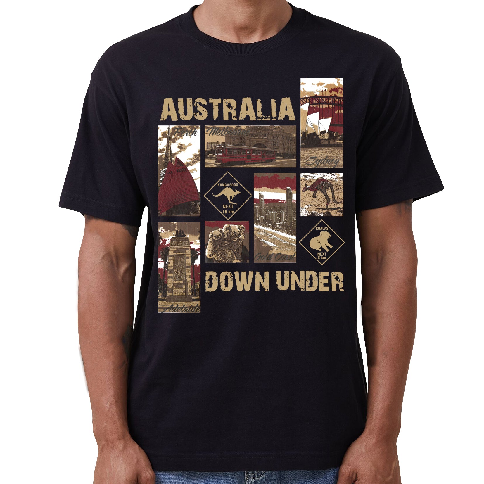 100% Cotton Australia Down Under Souvenir T-Shirt Unisex Adult Iconic Tee Top, Black, L