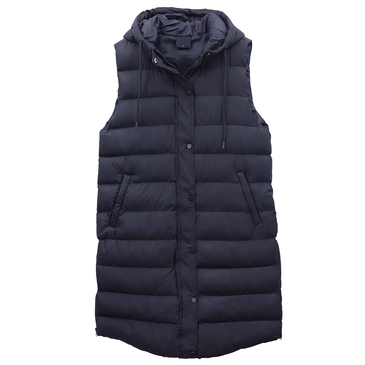 Women's Longline Padded Vest Hooded Jacket Puffer Puffy Quilted Zip Coat Gilet, Navy, 16