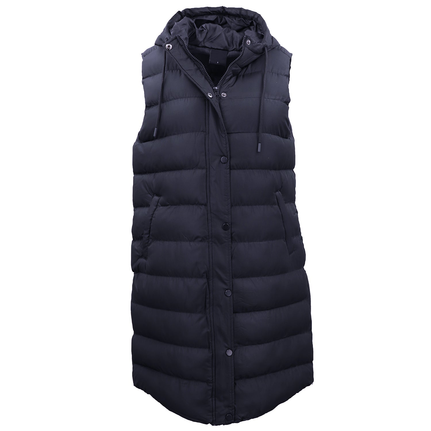 Women's Longline Padded Vest Hooded Jacket Puffer Puffy Quilted Zip Coat Gilet, Navy, 16