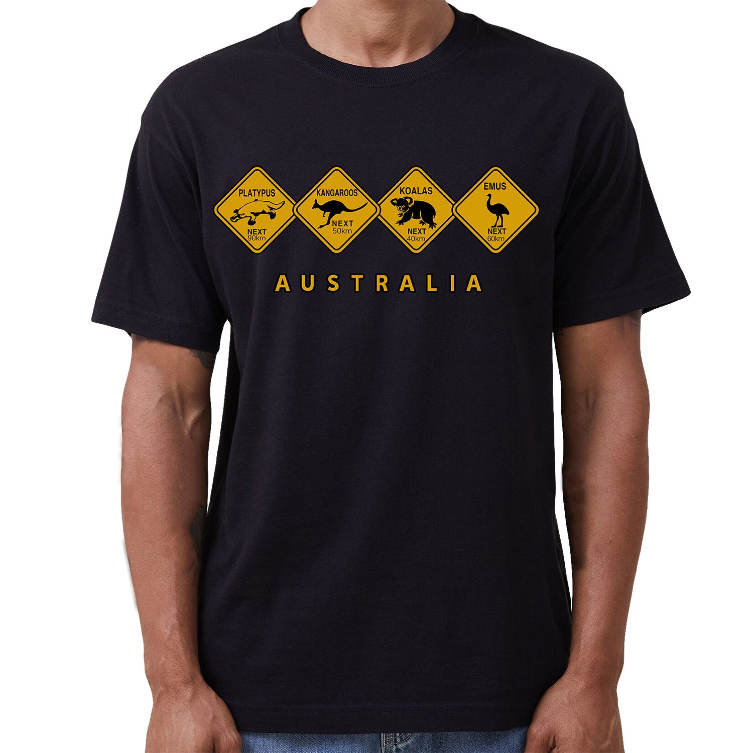 Adult Unisex 100% Cotton T Shirt Australia Wildlife Road Sign Souvenir Tee Tops, Black, 2XL
