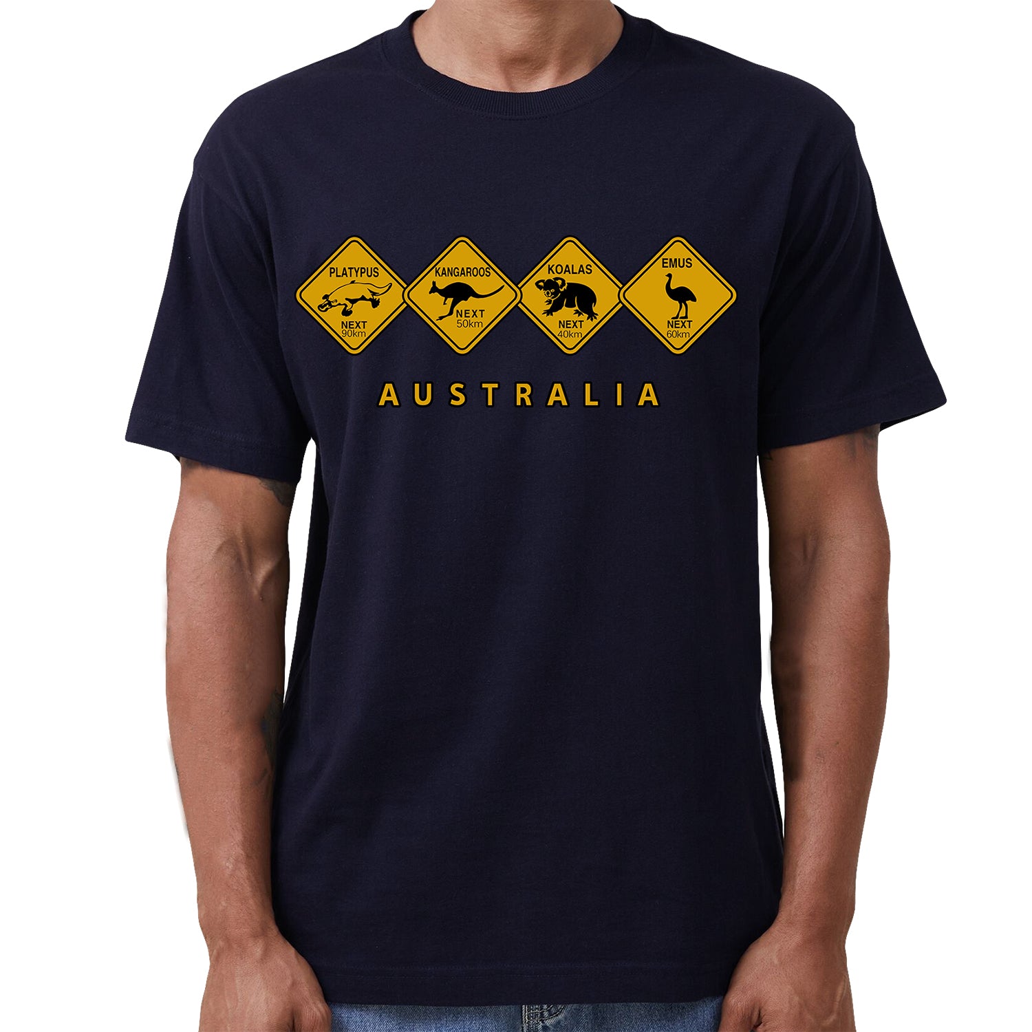 Adult Unisex 100% Cotton T Shirt Australia Wildlife Road Sign Souvenir Tee Tops, Navy, S