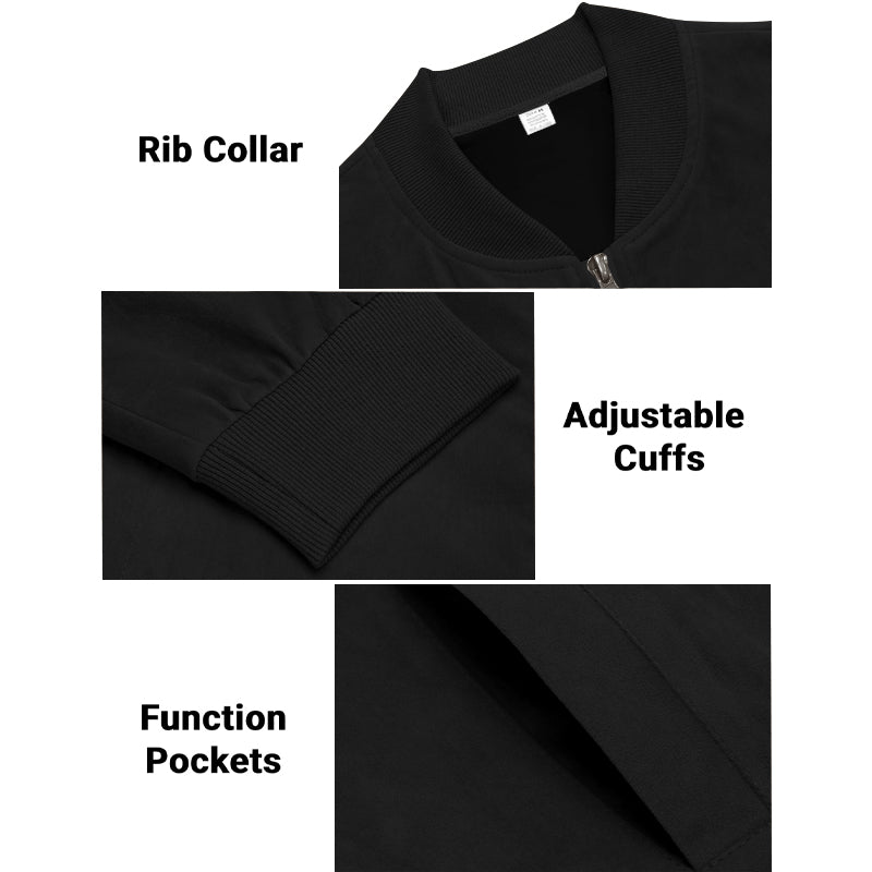 Men's Varsity Bomber Flight Jacket Breathable Windbreaker Zip Coat Faux Leather, Black, M