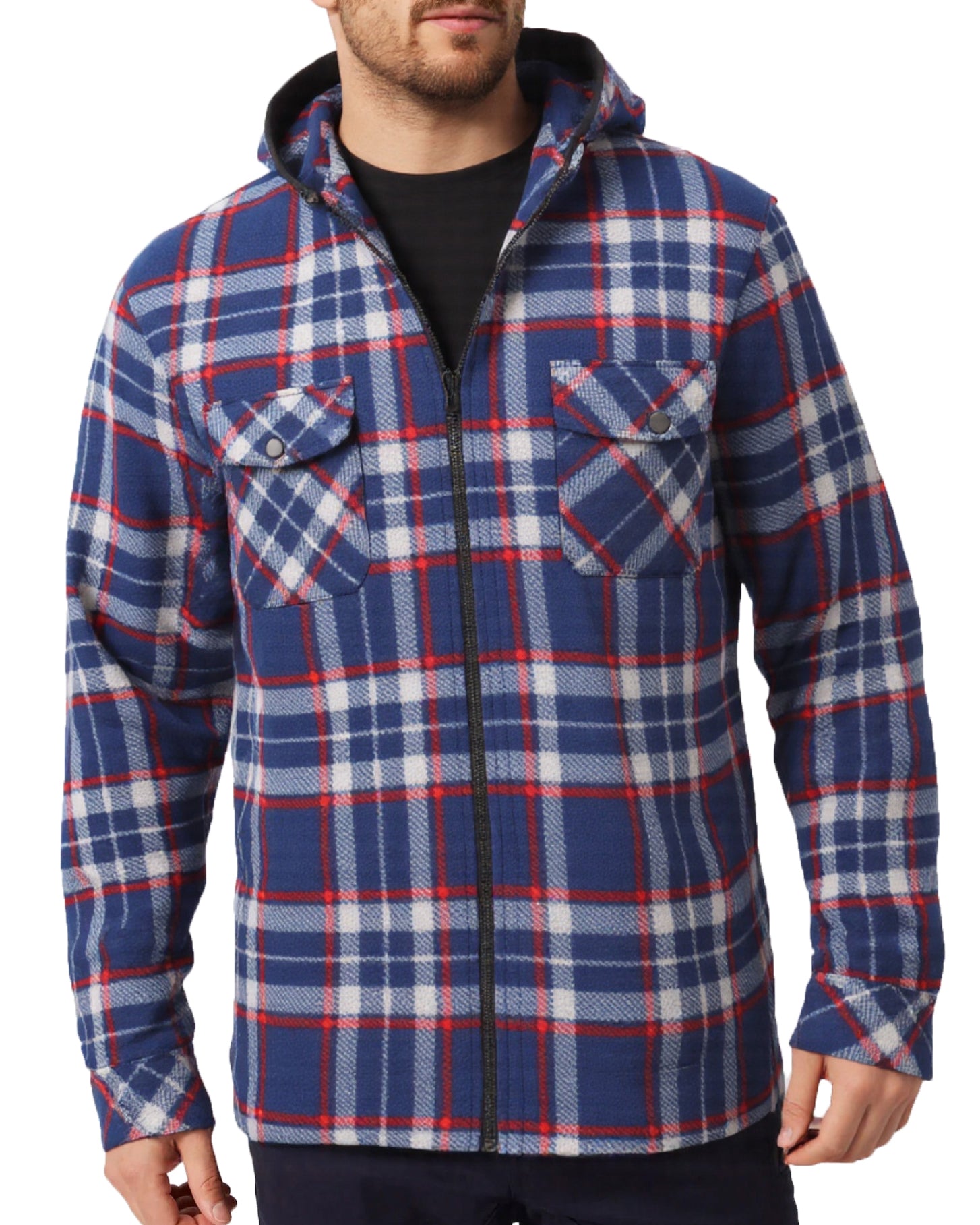 Men's Hooded Flannel Jacket Flannelette Plaid Fleece Shirt Zip Up Winter Coat, Blue, 2XL