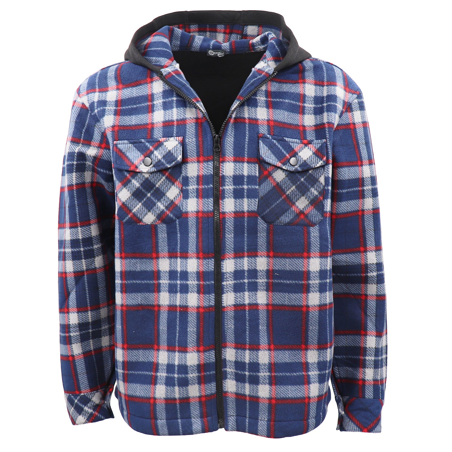 Men's Hooded Flannel Jacket Flannelette Plaid Fleece Shirt Zip Up Winter Coat, Blue, 2XL