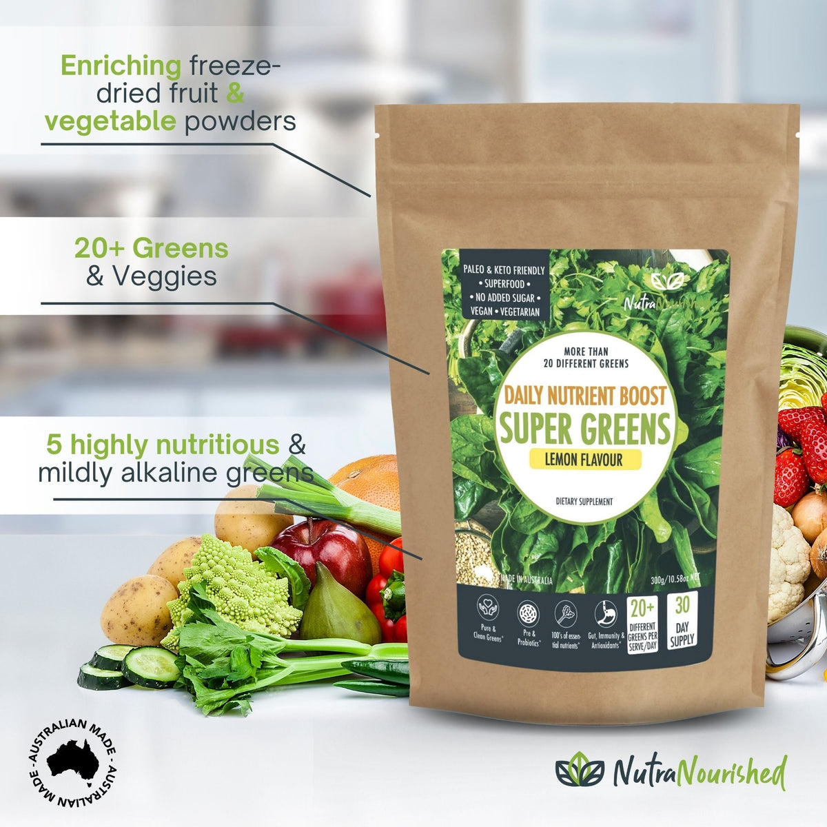 Super Greens Powder – Energising Superfood Blend - Nutrients and Vitamins of 20 Greens