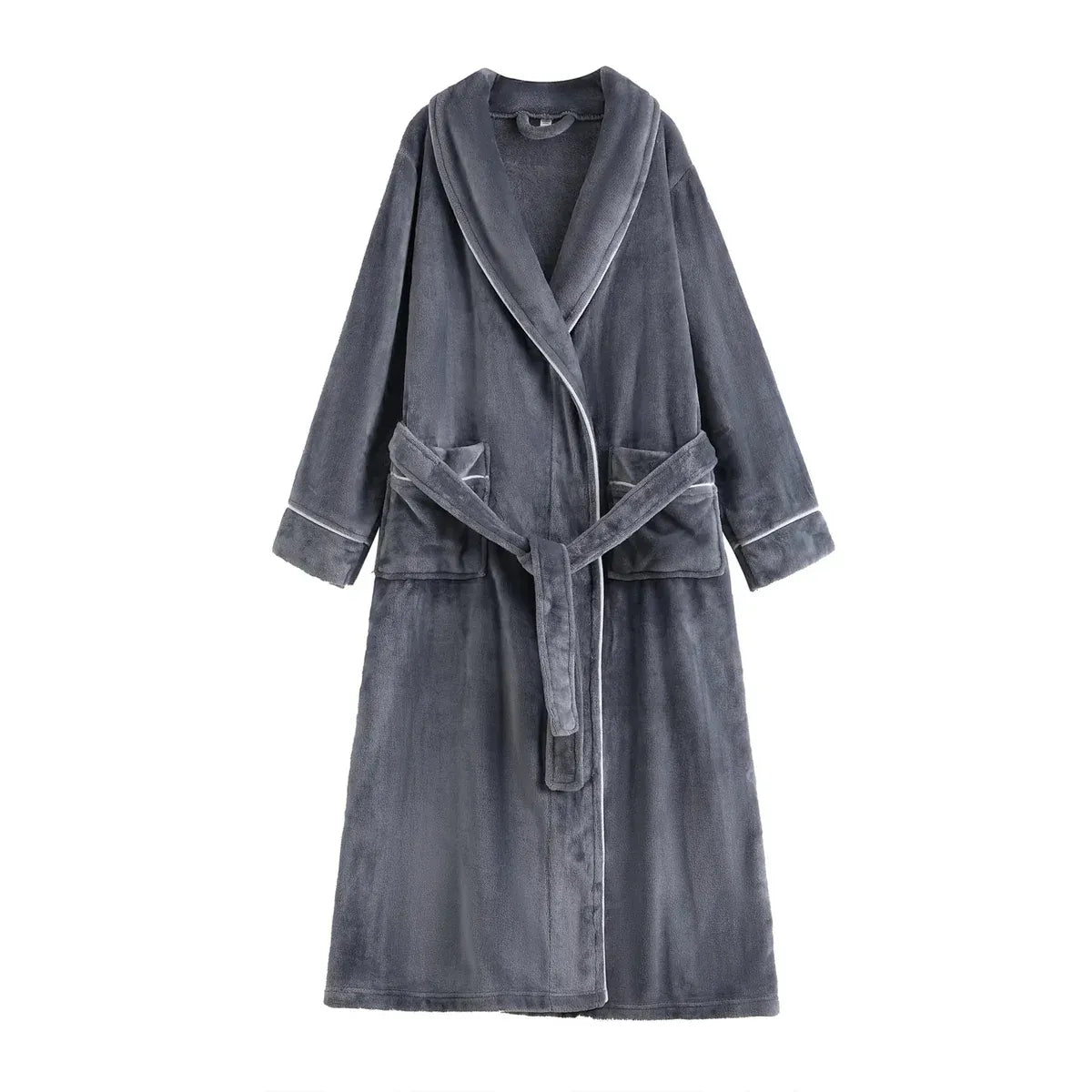 Flannel Bathrobe Set Autumn Winter Coral Fleece Nightgown for Men and Women Warm - Grey