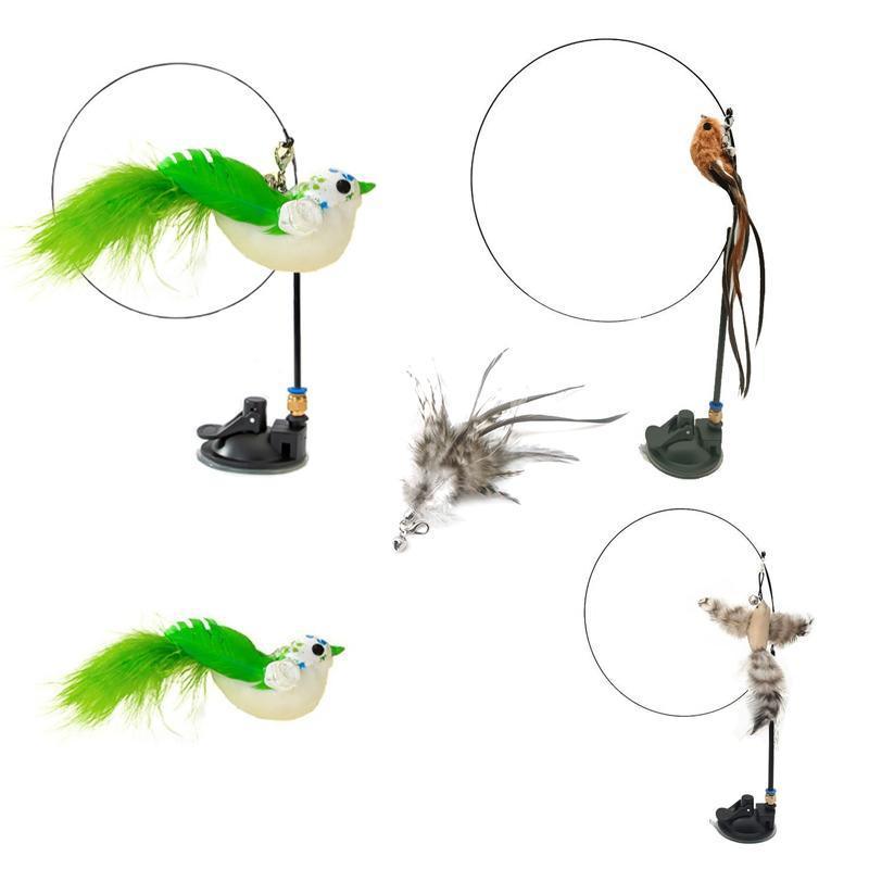 Cat Play Toy Simulation Birds Teaser Wand Interactive Stick with Suction Cup - 1