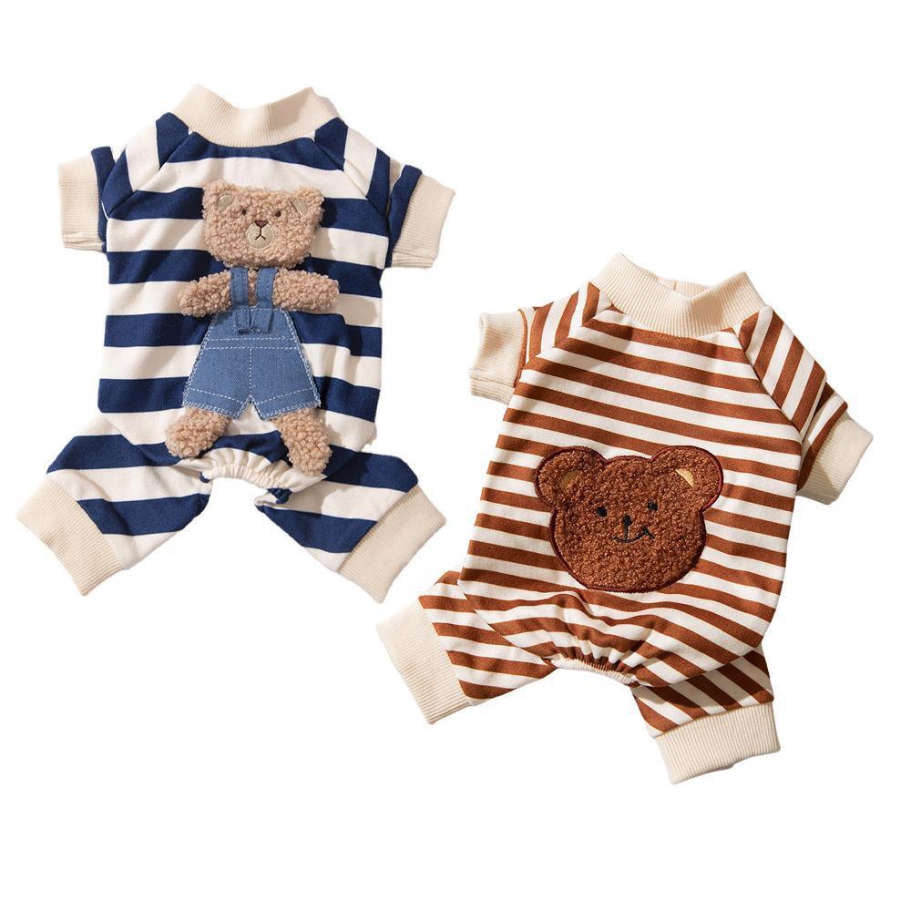 Cute Bear Striped Dog Home Clothes Cat Pet Outfit Cozy Animal Pajamas for Pets - Navy blue - M