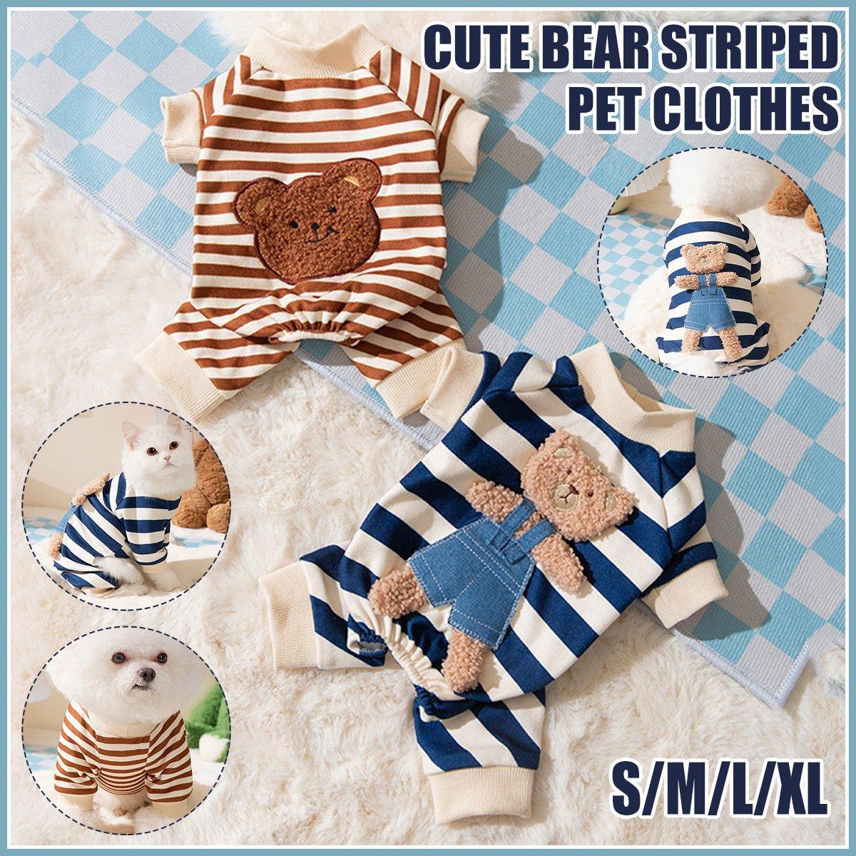 Cute Bear Striped Dog Home Clothes Cat Pet Outfit Cozy Animal Pajamas for Pets - Navy blue - XL
