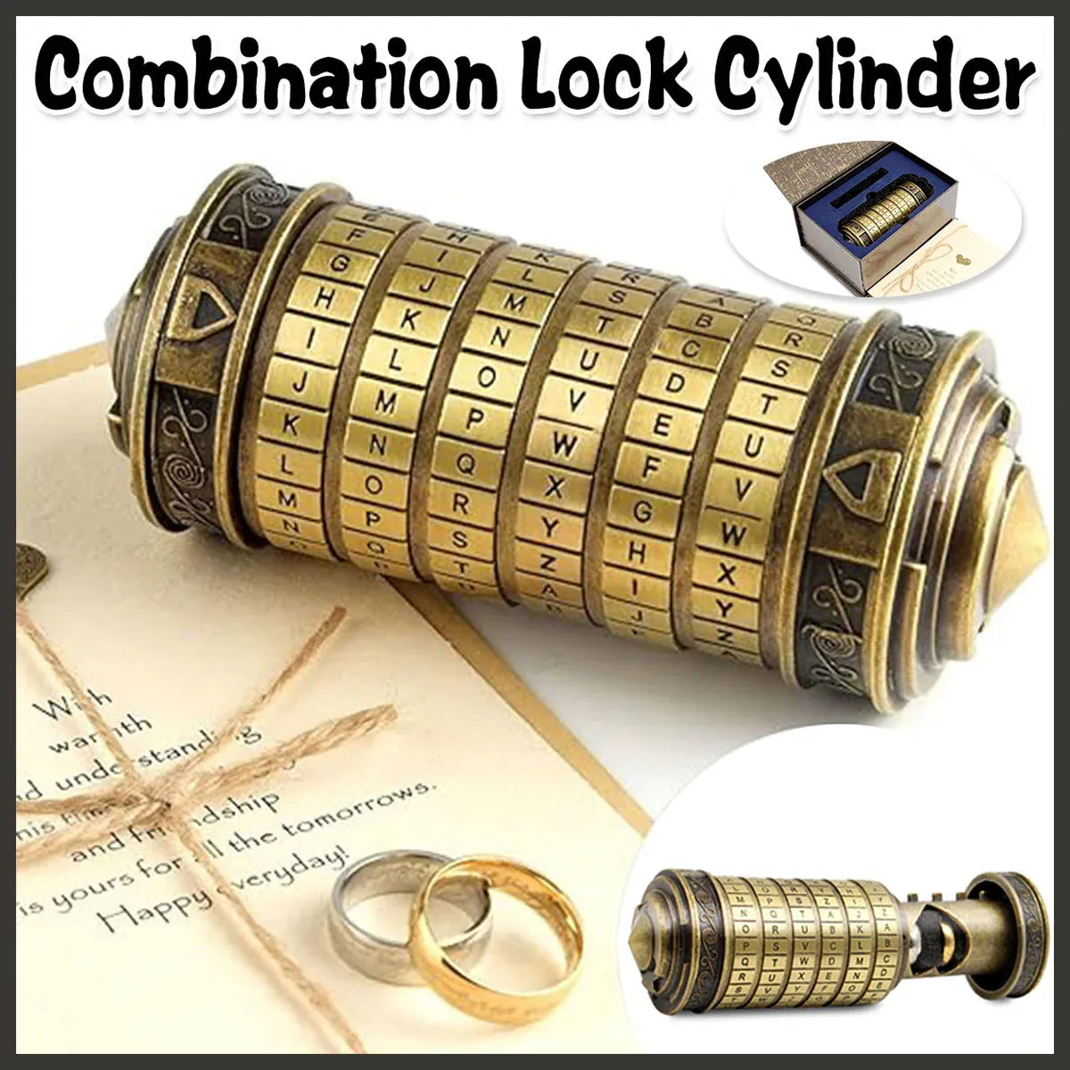 Da Vinci Code Lock Cylinder Vintage Puzzle Box Secret Compartment Bronze Style
