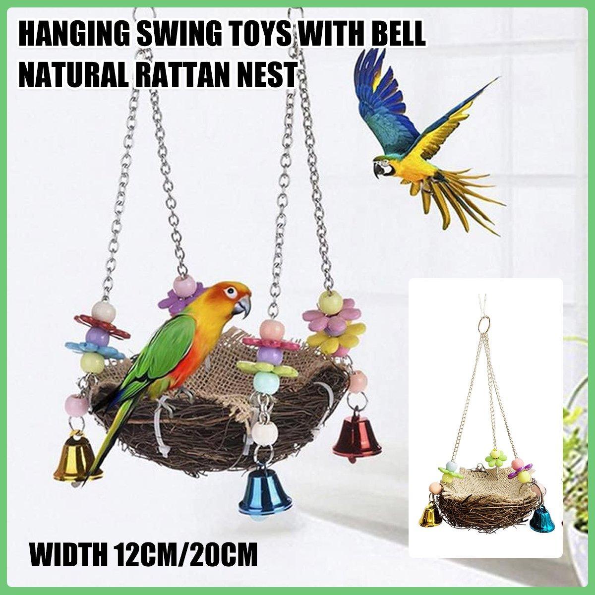 Bird Parrot Swing Stand Rattan Nest Hanging Basket Chew Toy for Small Medium Pet - S-12cm
