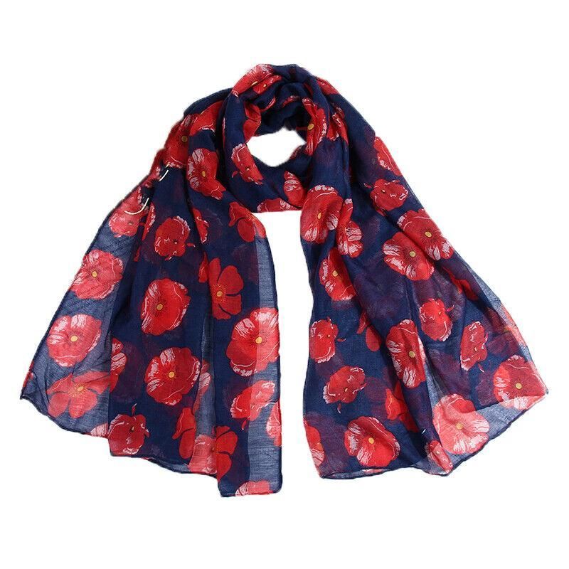 Women Ladies Poppy Print Floral Scarf Remembrance Day Poppies Scarves Wrap Shawl