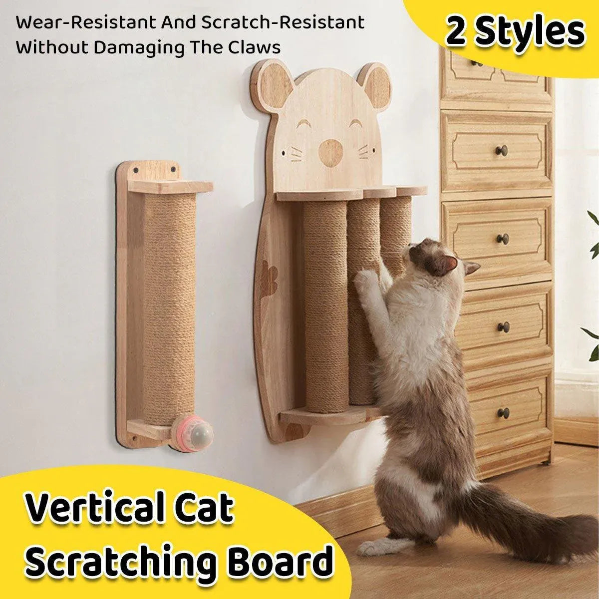 2Style Wood Wall-Mounted Natural Sisal Rope Cat Scratching Claw Grinding Pet Toy - Single Column Pink