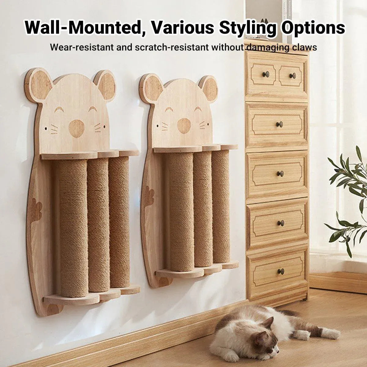 2Style Wood Wall-Mounted Natural Sisal Rope Cat Scratching Claw Grinding Pet Toy - Mouse-Solid Wood