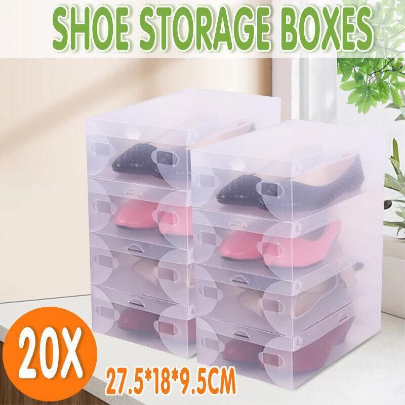 20x Clear Shoe Storage Box Foldable Stackable Plastic Shoe Boxes