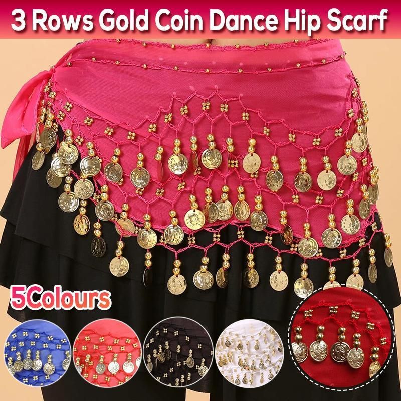 1X 3Rows Belly Dance Dancing Hip Scarf Belt Chain Skirt Golden Tone 98 Coin Bead - White