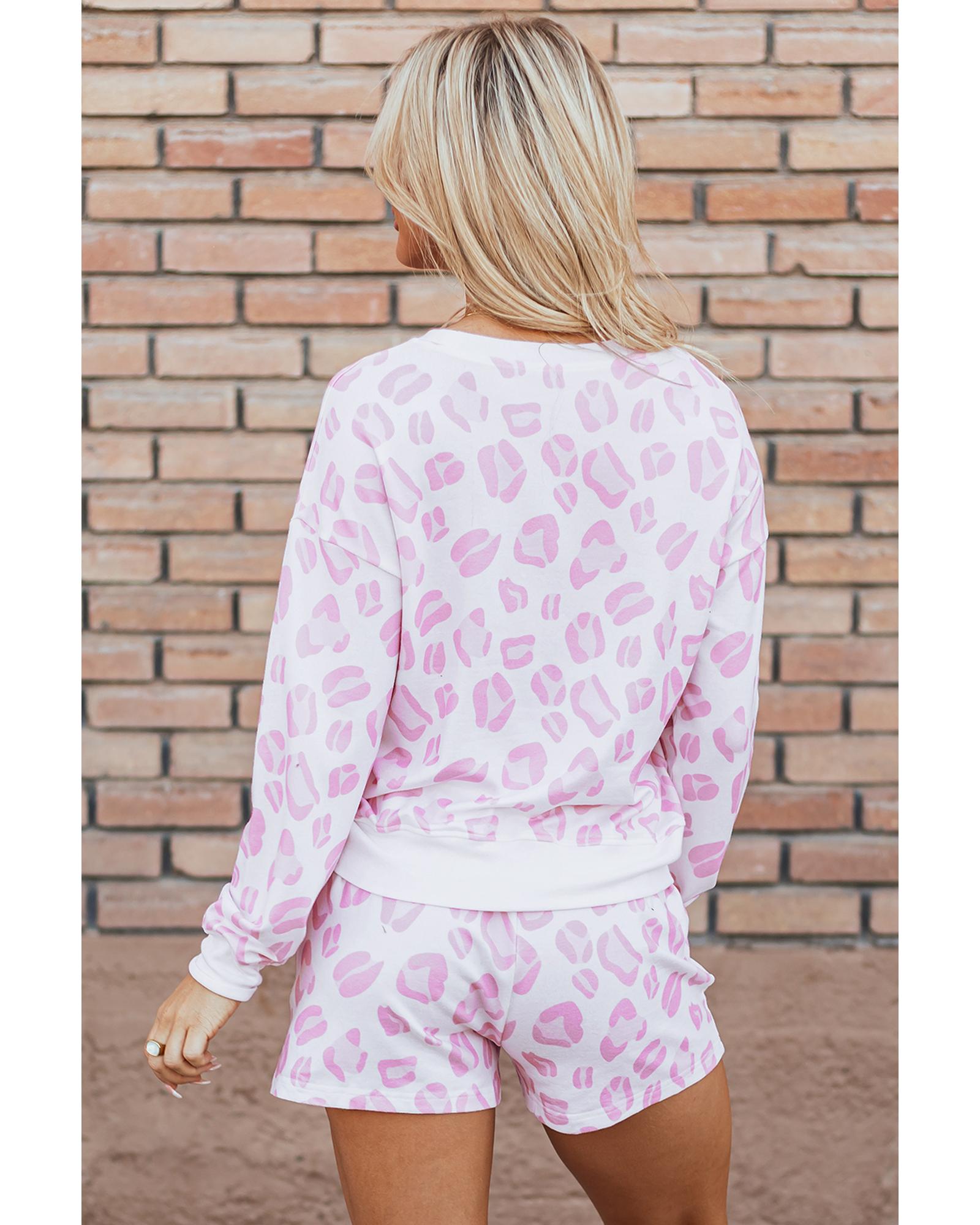Pink Leopard Animal Print Pullover and Shorts Loungewear - L