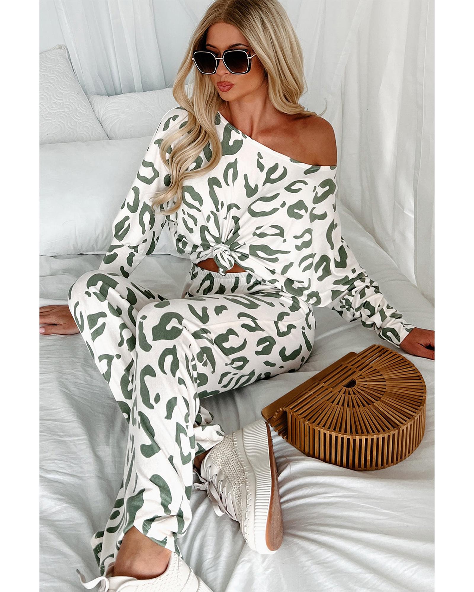 Beige Leopard Animal Print Long Sleeve and Pants Loungewear Set - XL