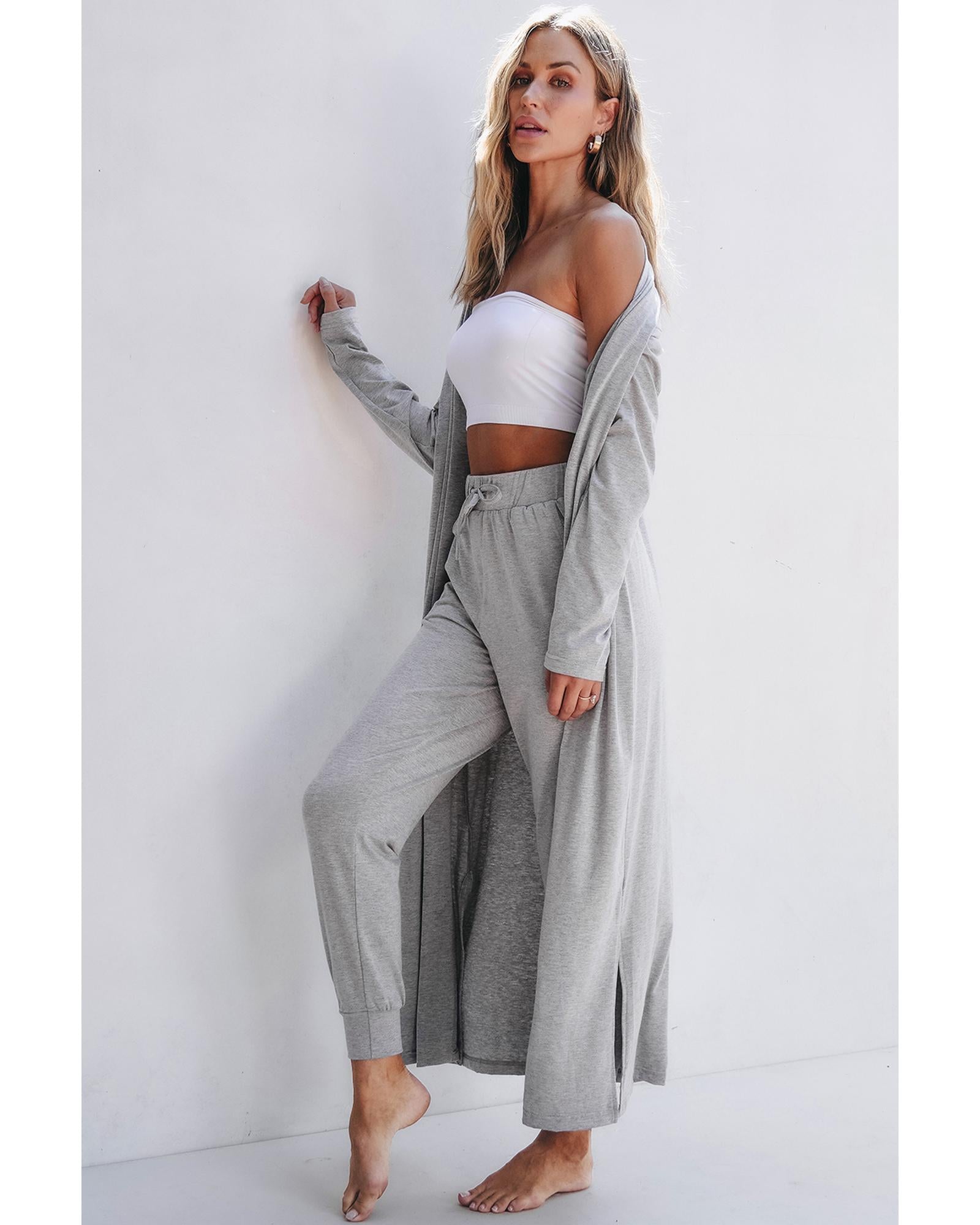 Light Grey Split Long Cardigan and Skinny Pants Lounge Set - XL