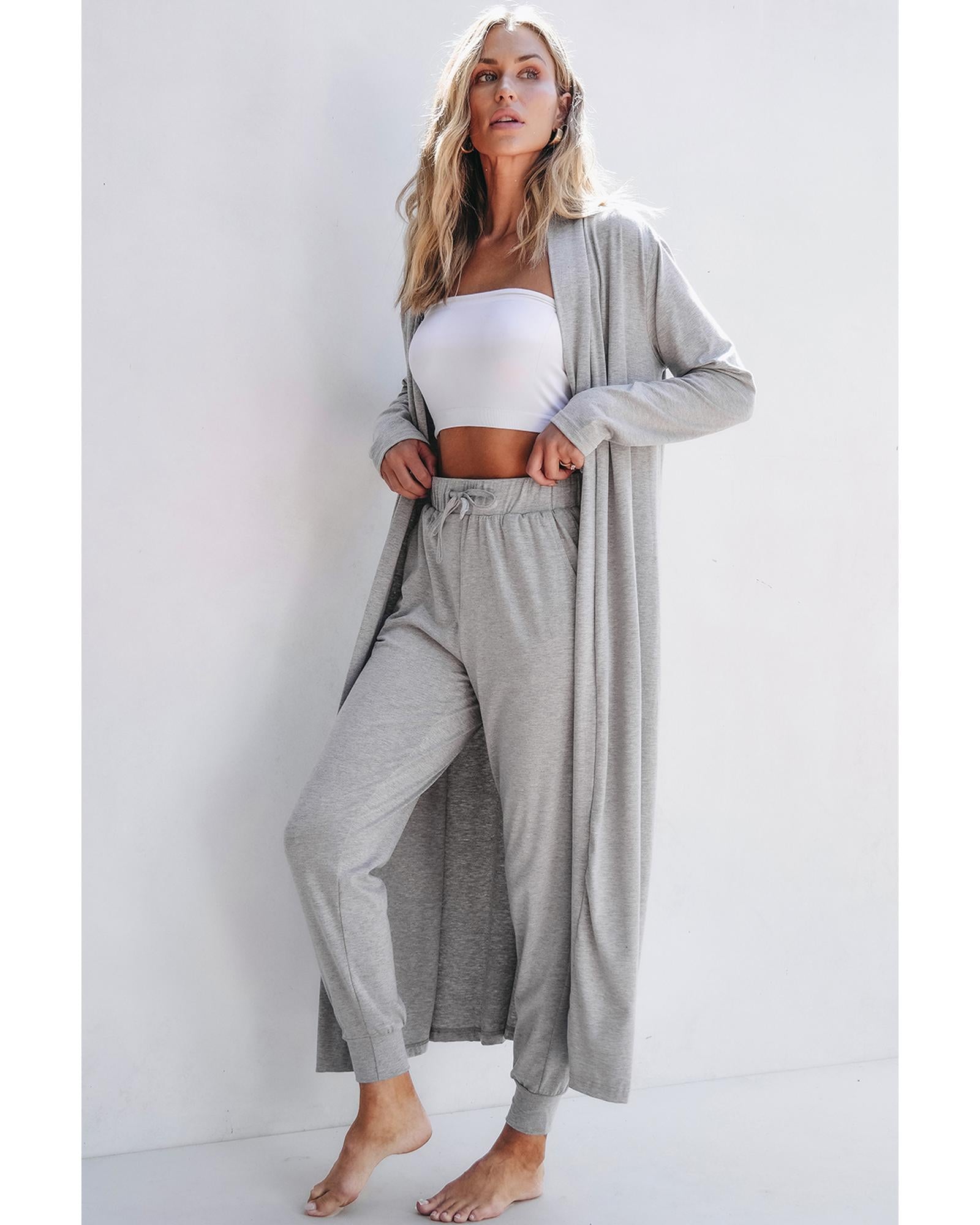 Light Grey Split Long Cardigan and Skinny Pants Lounge Set - XL