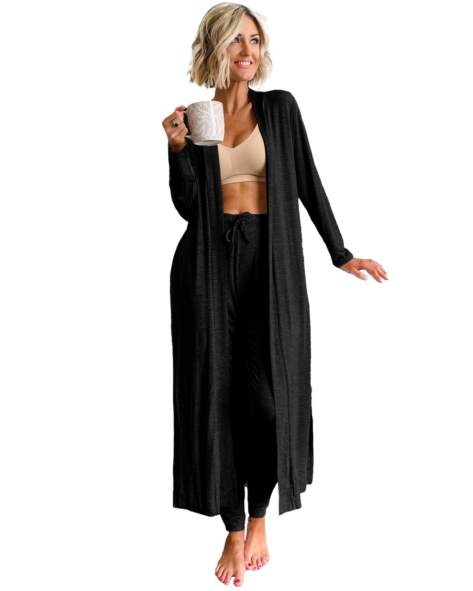 Black Split Long Cardigan and Skinny Pants Lounge Set - XL