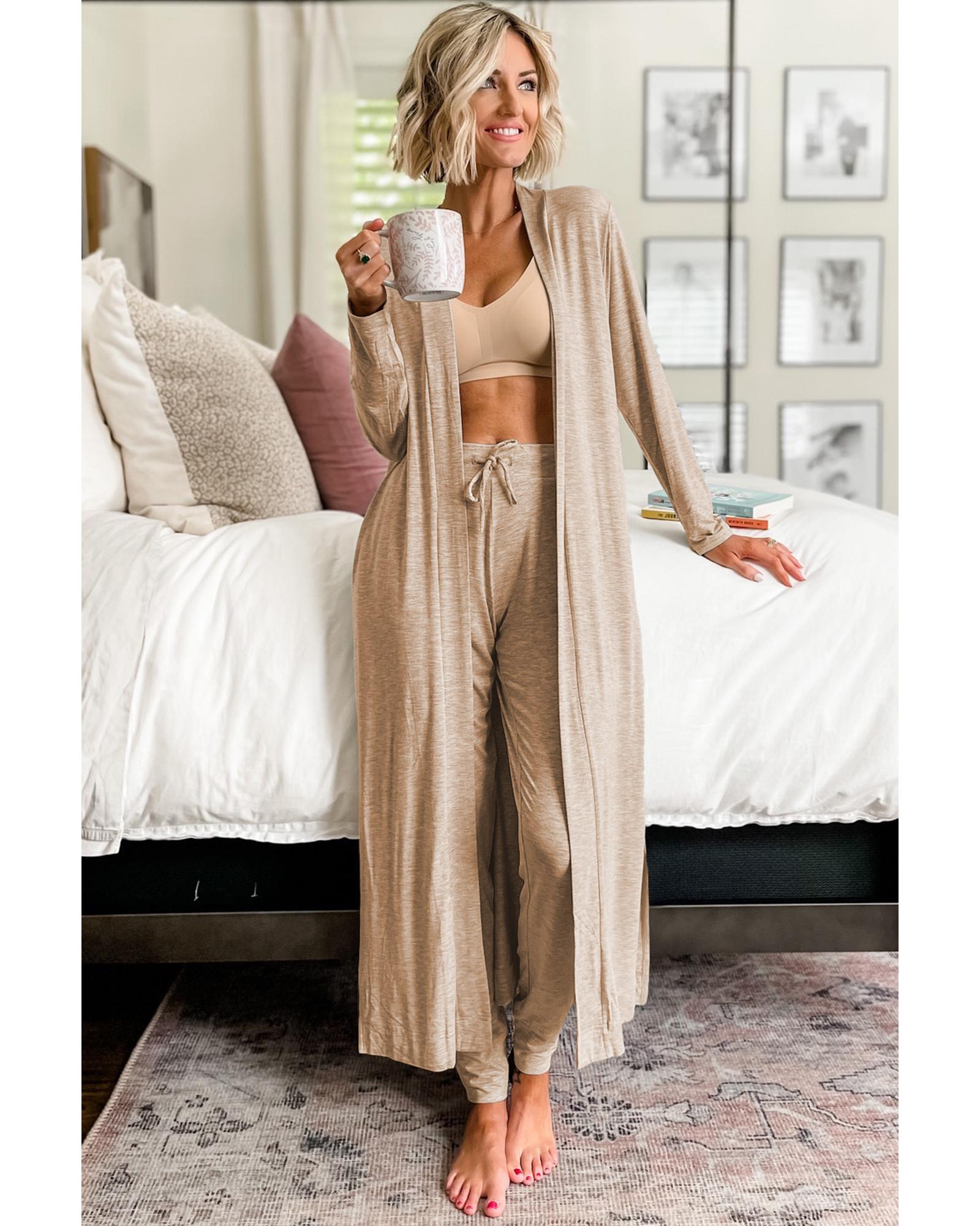 Parchment Split Long Cardigan and Skinny Pants Lounge Set - L