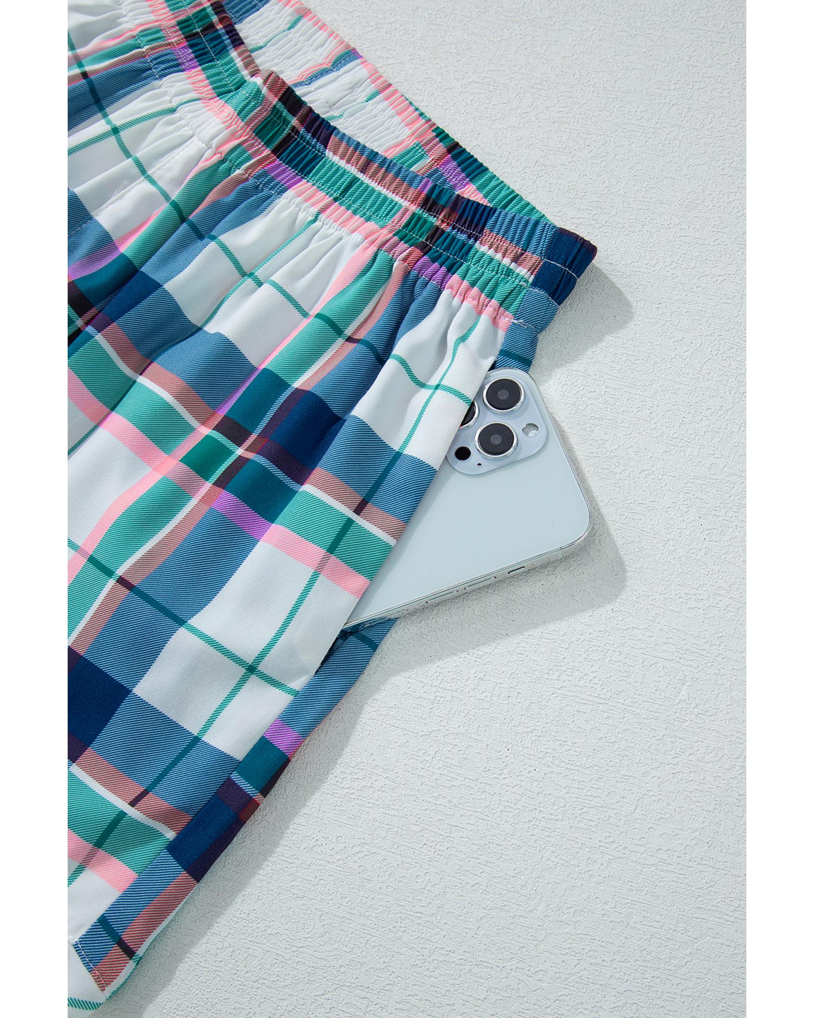 Blue Plaid Print Shirt and Shorts 2Pcs Lounge Set - L