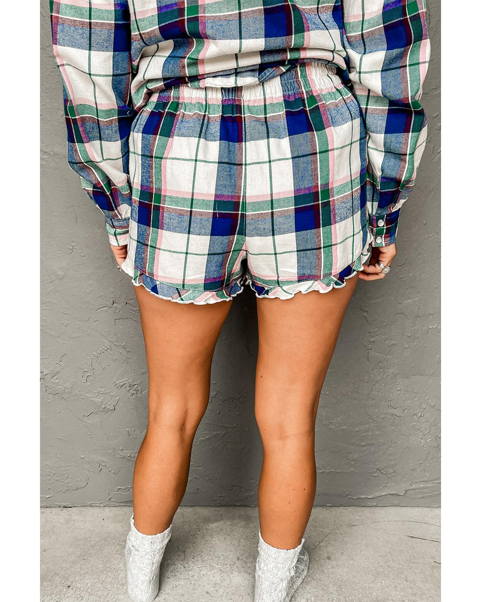Blue Plaid Print Shirt and Shorts 2Pcs Lounge Set - XL