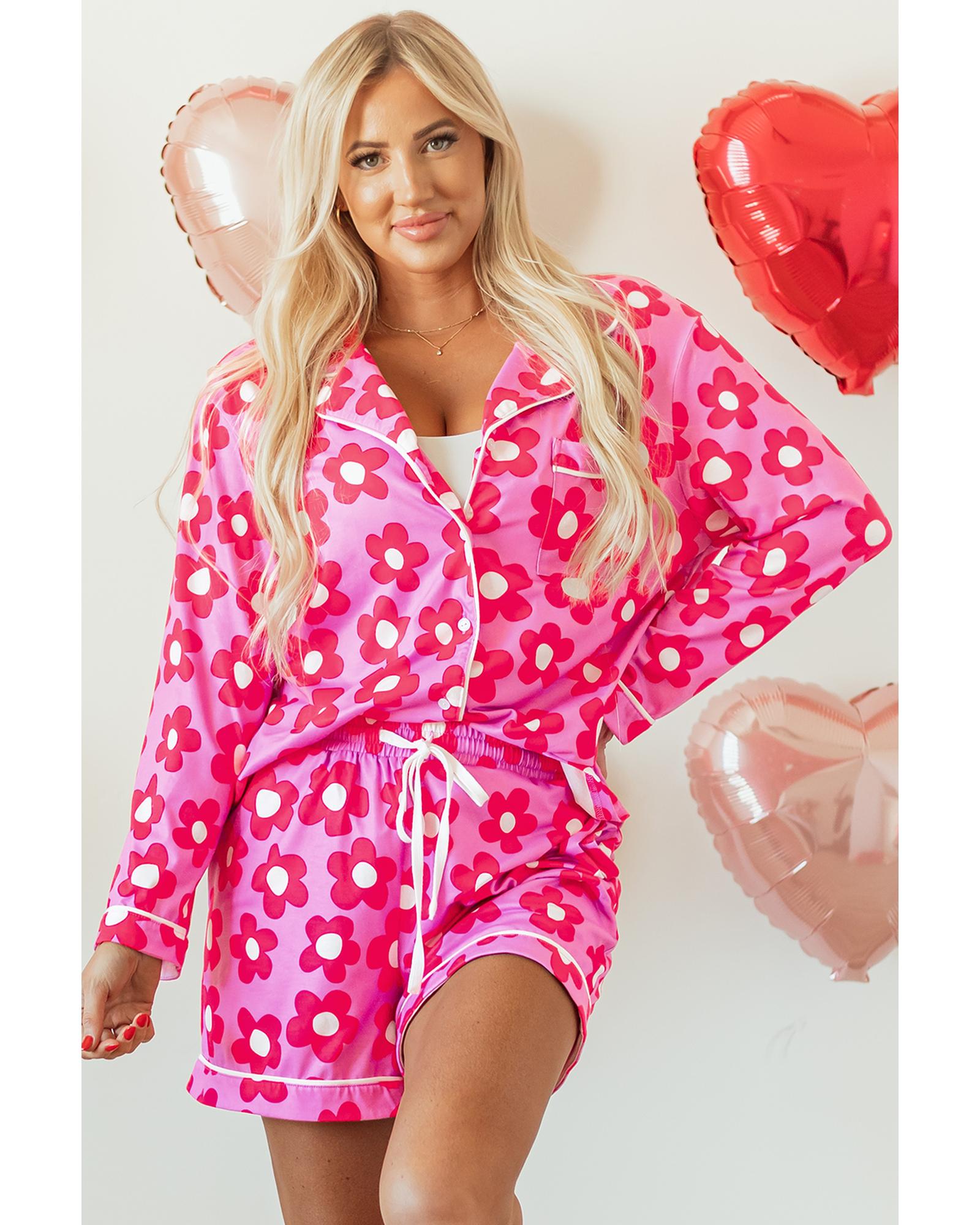 Pink Flower Print Long Sleeve Shirt Shorts Pajamas Set - XL