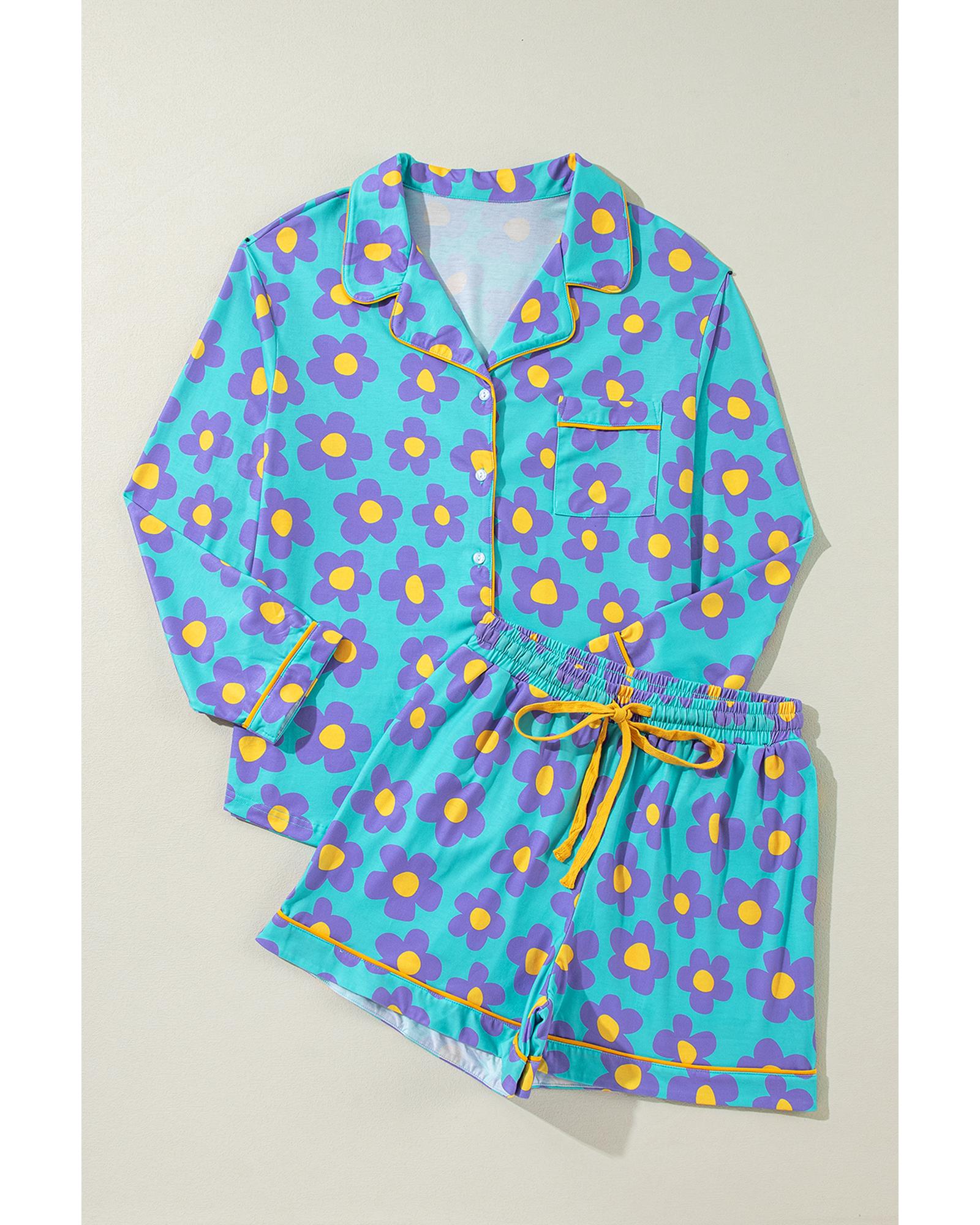 Green Flower Print Long Sleeve Shirt Shorts Pajamas Set - 2XL