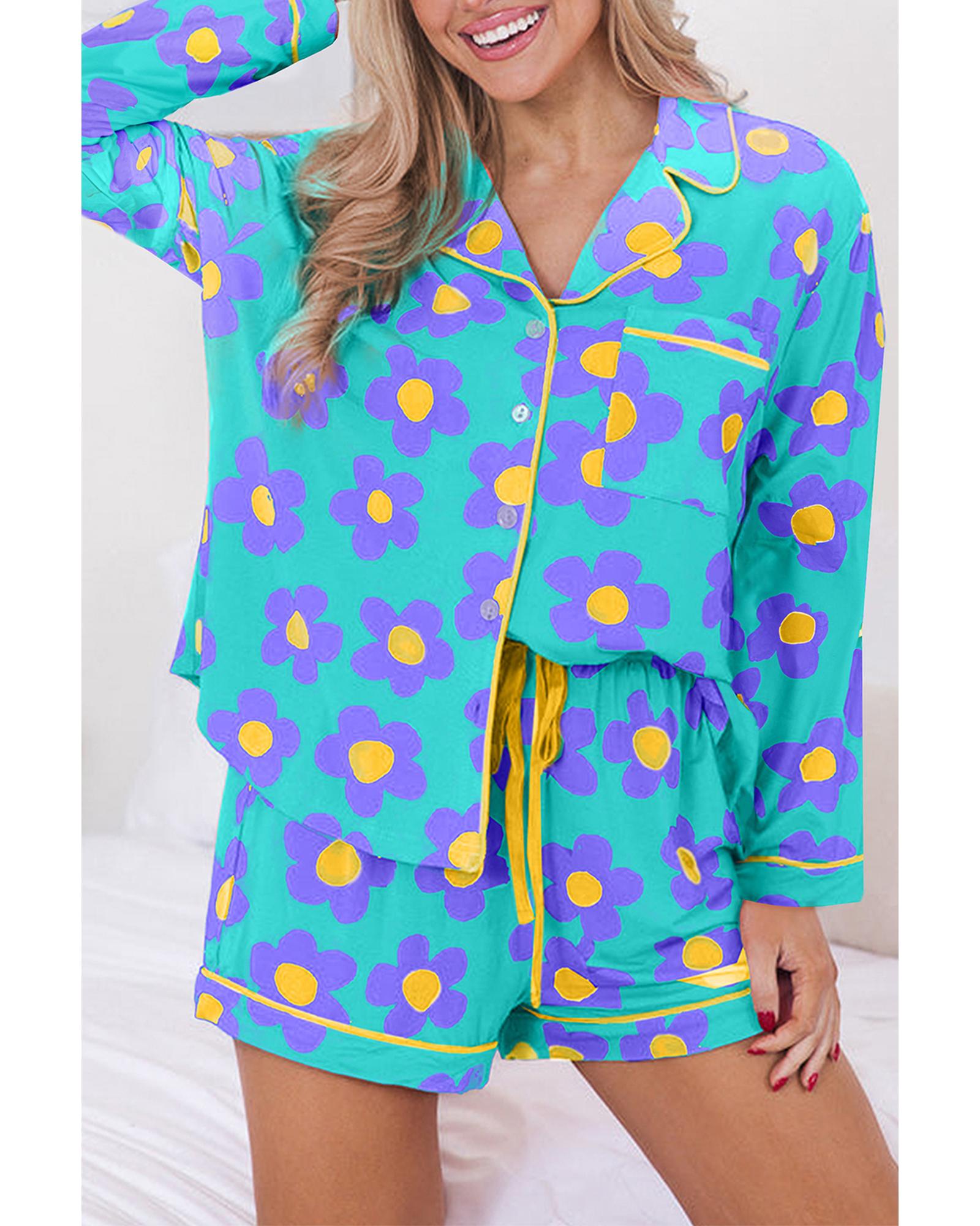 Green Flower Print Long Sleeve Shirt Shorts Pajamas Set - M