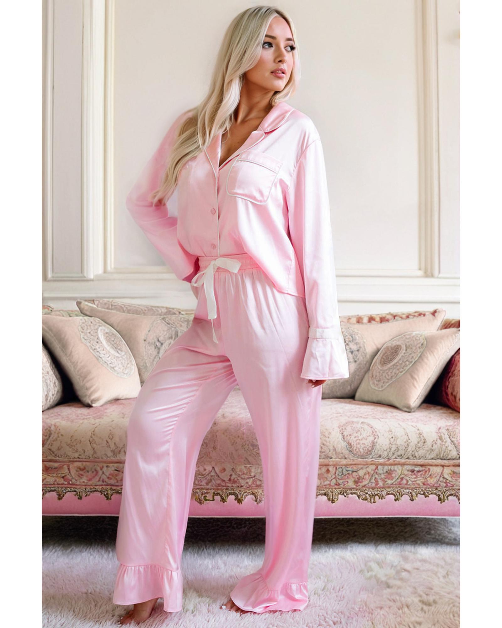 Light Pink Satin Knot Accent Shirt and Ruffled Pants Lounge Set - XL