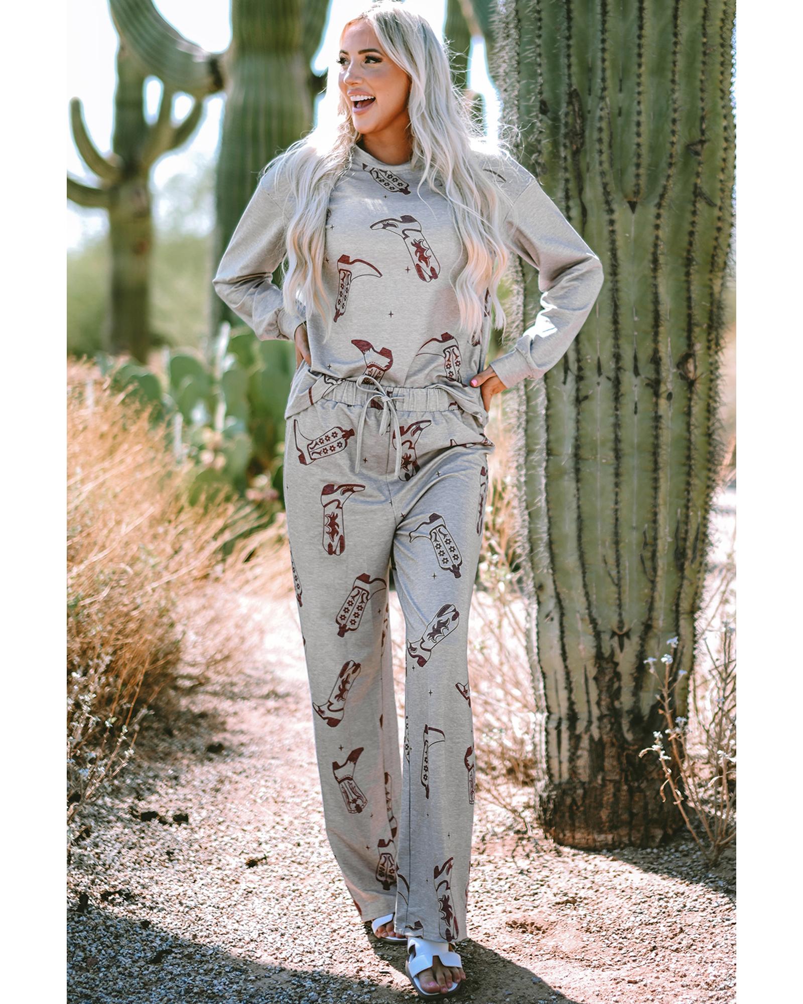 Gray Cowgirl Boots Printed Long Sleeve Top Pants Lounge Set - XL