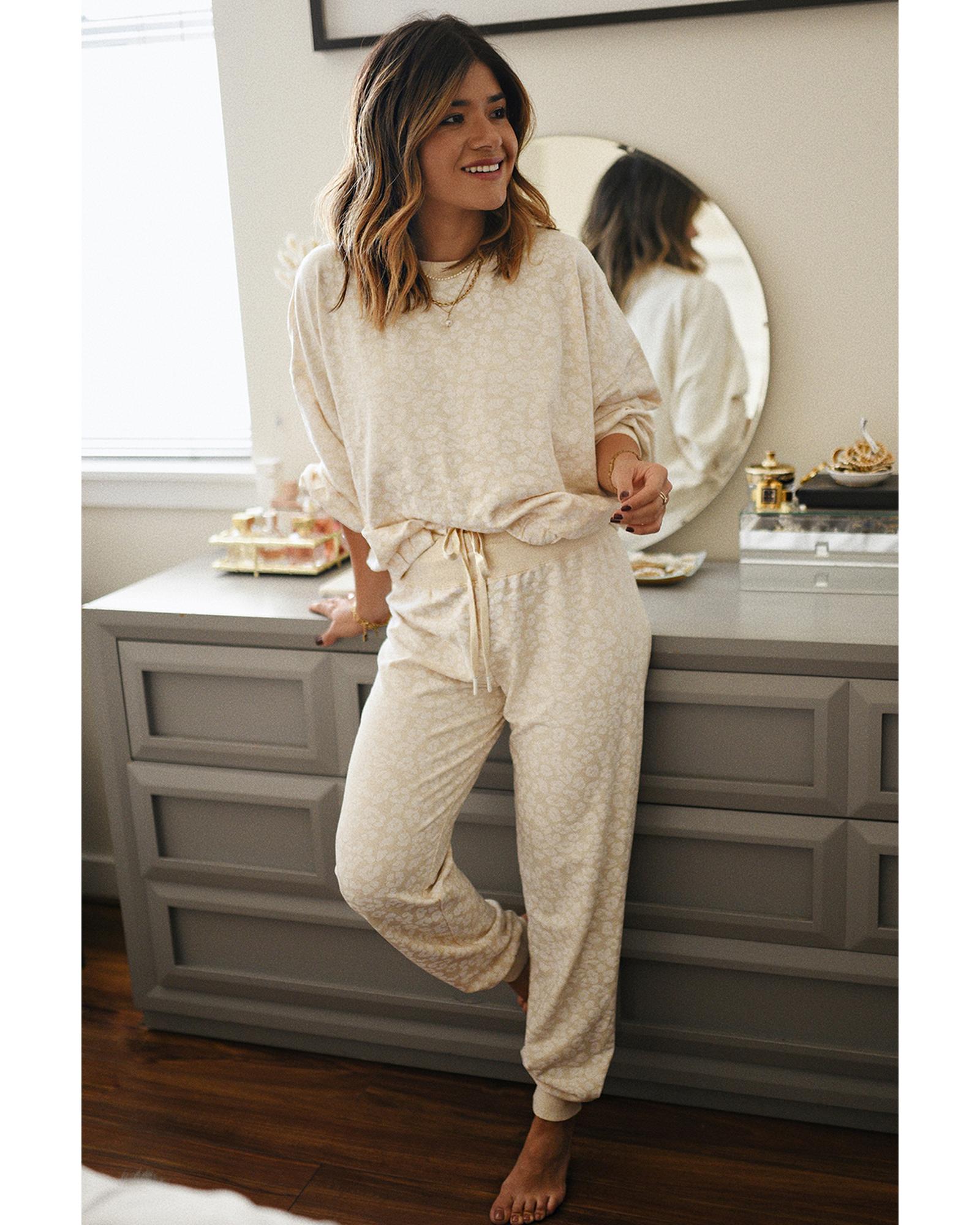 White Cheetah Print Two Piece Loose Fit Cozy Loungewear - L