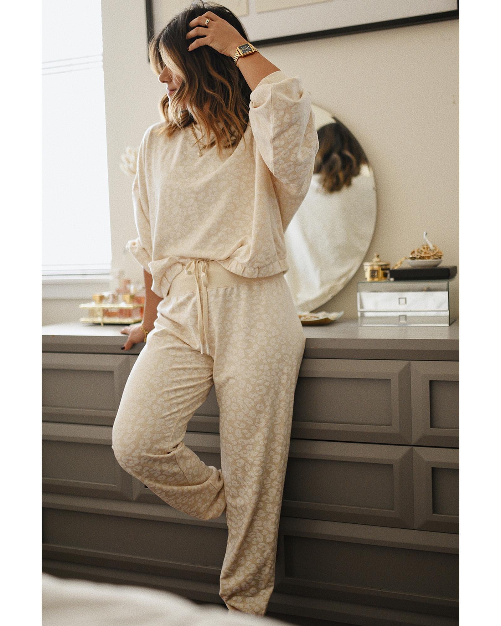 White Cheetah Print Two Piece Loose Fit Cozy Loungewear - M