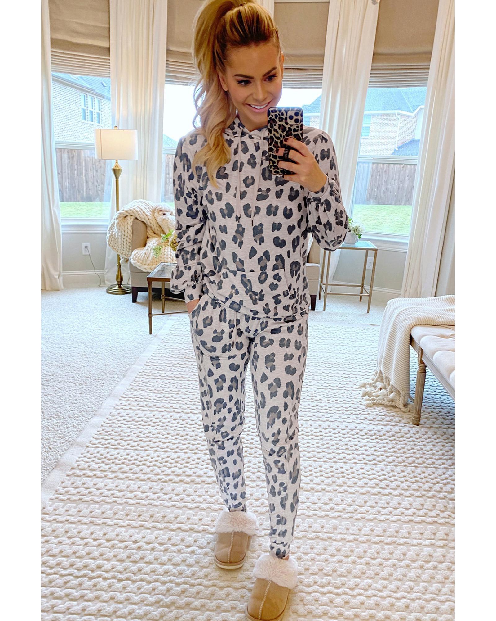 Khaki Leopard Print Drawstring Hoodie and Skinny Pants Lounge Set - XL