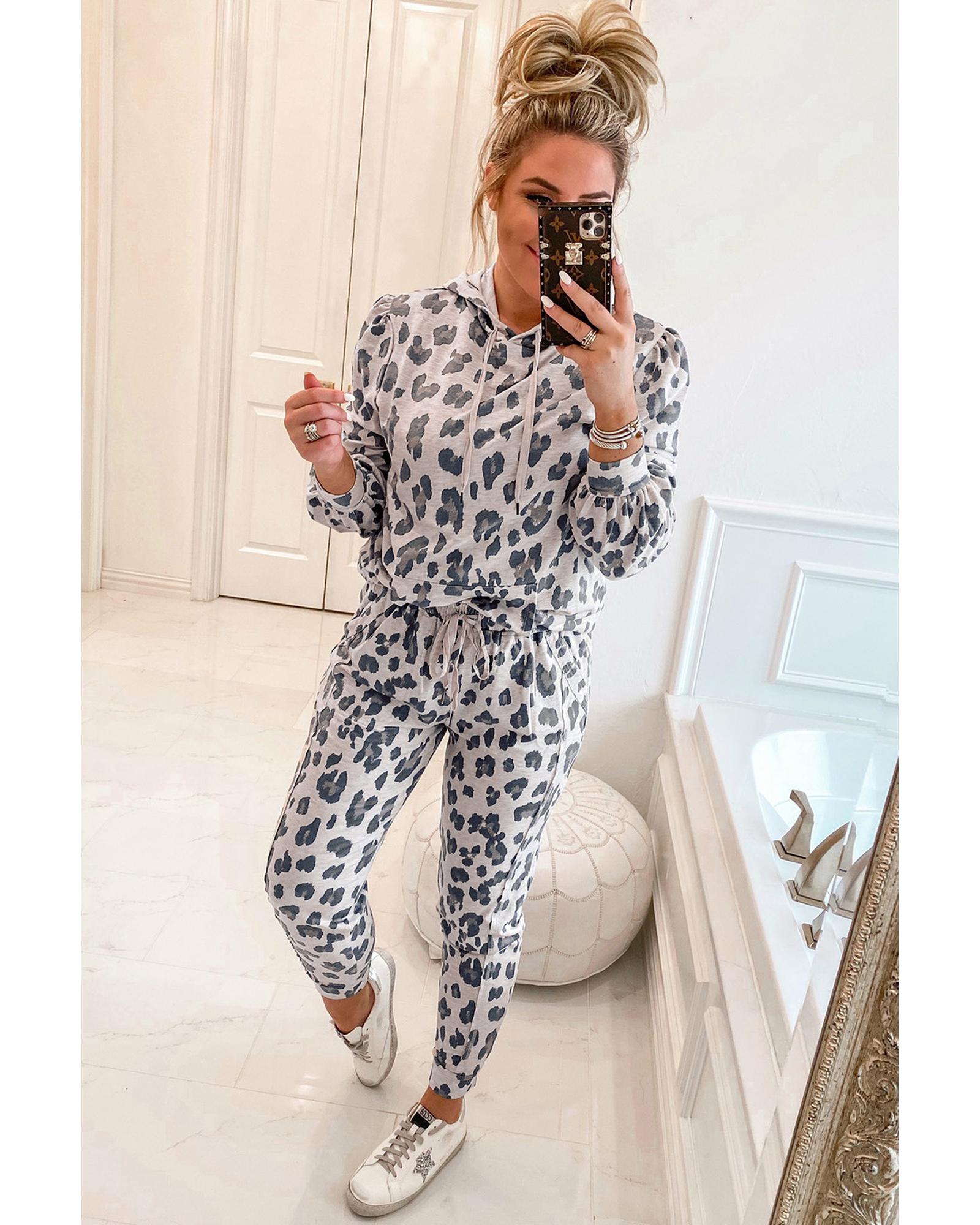Khaki Leopard Print Drawstring Hoodie and Skinny Pants Lounge Set - XL